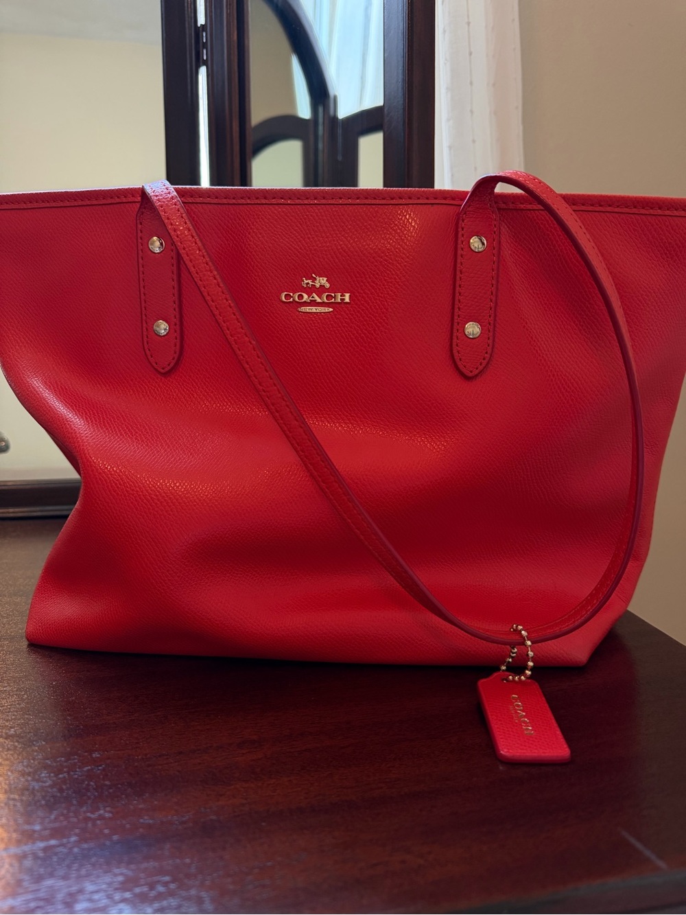 Coach Red Leather Tote with Logo Tag